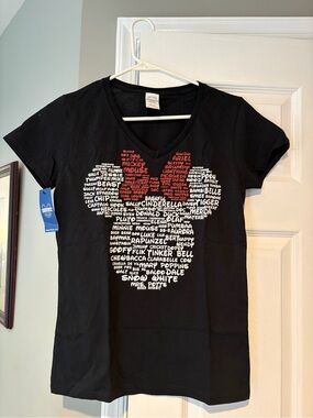 Disney Black V-Neck Tee with Red and White Mickey Word Art